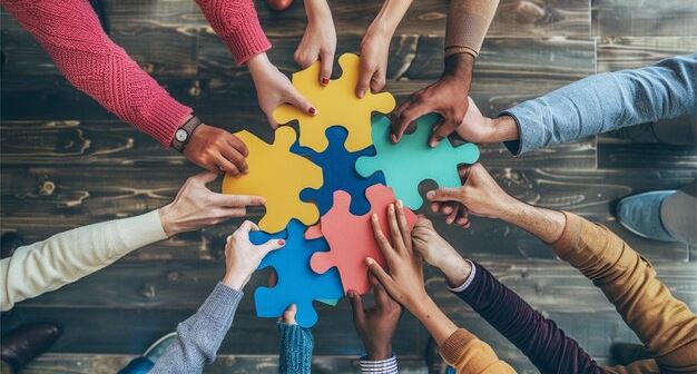 Group holding puzzle pieces